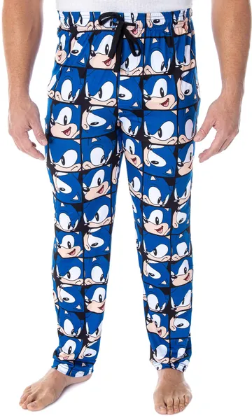 Sonic The Hedgehog Men's Video Game Character Face Pattern Sleep Lounge Pajama Pants