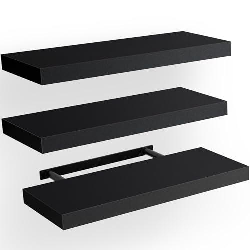 AMADA HOMEFURNISHING Floating Shelves Black, Wall Shelves with Invisible Brackets for Bedroom, Bathroom, Living Room, Kitchen, Set of 3 - AMFS07 - Black - 15 Inches - 3 Sets