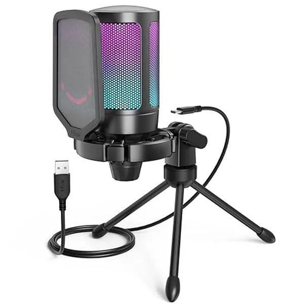 FIFINE Gaming USB Microphone for PC PS5, Condenser Mic with Quick Mute, RGB Indicator, Tripod Stand, Pop Filter, Shock Mount, Gain Control for Streaming Discord Twitch Podcasts Videos- AmpliGame - Black