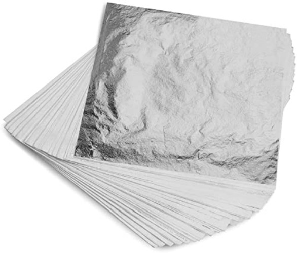 KraftiSky Silver Leaf Sheets - 100 Imitation Leaves 14x14 cm Silver Leaf for Art and Craft Projects, Home Improvement, Gilding, Furniture, Makeup & Nail Art - Silver Leaf