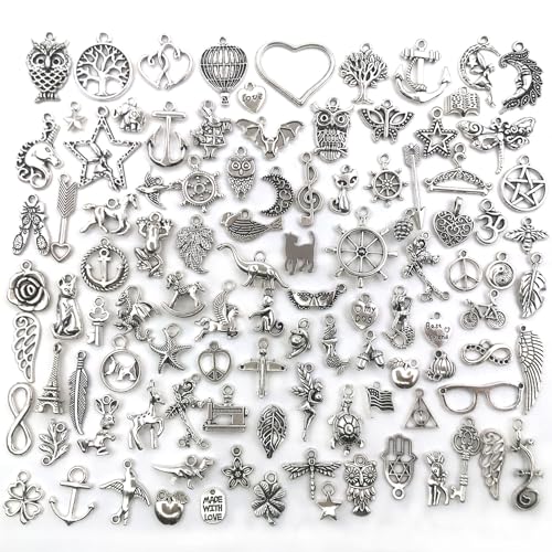 100PCS Mixed Silver Charms Set - Tibetan Silver Plated Pendants for Jewelry Making, Crafting, DIY Bracelets, Necklaces, and Earrings