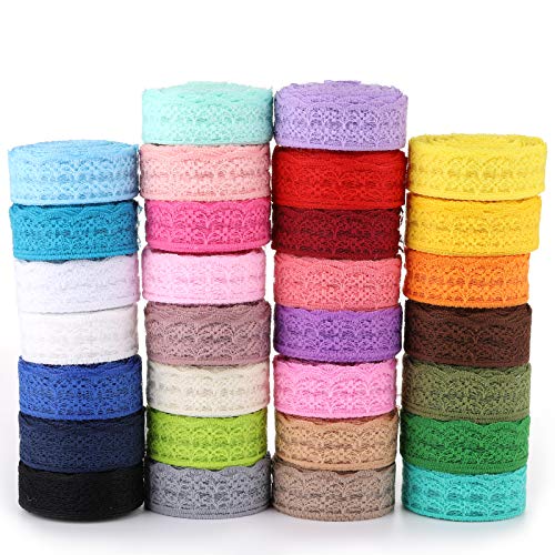 TOPZEA 30 Rolls 300 Yards Lace Ribbon, 2cm Wide Floral Pattern Fabric Lace Ribbon for Sewing, Gift Wrapping, DIY Crafts, Wedding Decorations, Hair Bow Making, Mixed Colors