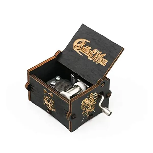 Sailor Moon Music Box Hand Crank Carved Wooden Musical Box,Musical Gift,Play Moonlight Densetsu,Black