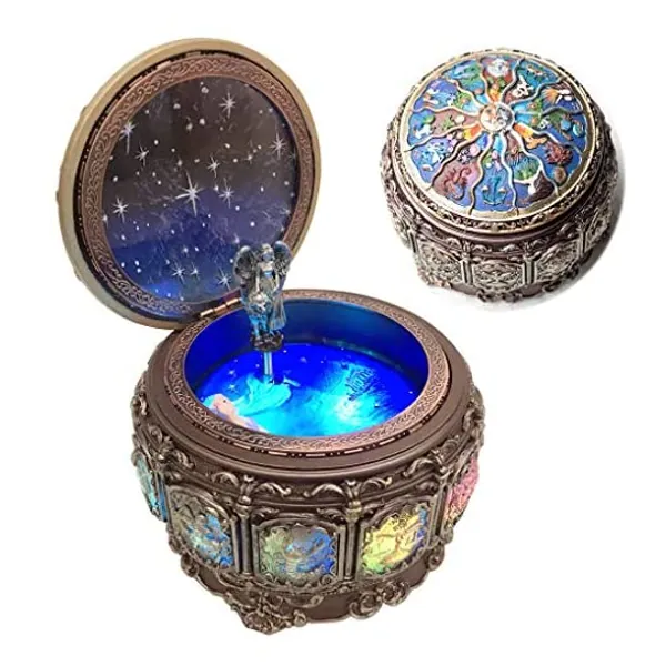 Amperer Vintage Music Box with Constellations Rotating Goddess LED Lights Twinkling Resin Carved Mechanism Musical Box with Sankyo 18-Note Wind Up Signs of The Zodiac Gift for Birthday (Upgraded)