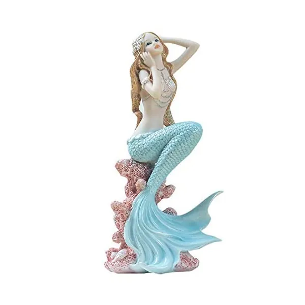 Rayberro Mermaid Figurines,Resin Mediterranean Princess Ornaments Home Desk Bookshelf Mermaid Angel Girl Decor Frame Gifts Crafts Decoration Collectible Figurines Ocean (Blue Mermaid Look up)