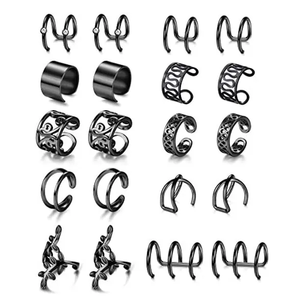 
                            LOYALLOOK 10 Pairs Silver Black Tone Stainless Steel Ear Cuff for Women Non Piercing Helix Cartilage Ear Clip Fake Cartilage Earring
                        
