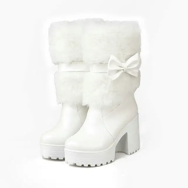 Pastel Vegan Fur Boots with Chunky Block Heel - White / 4