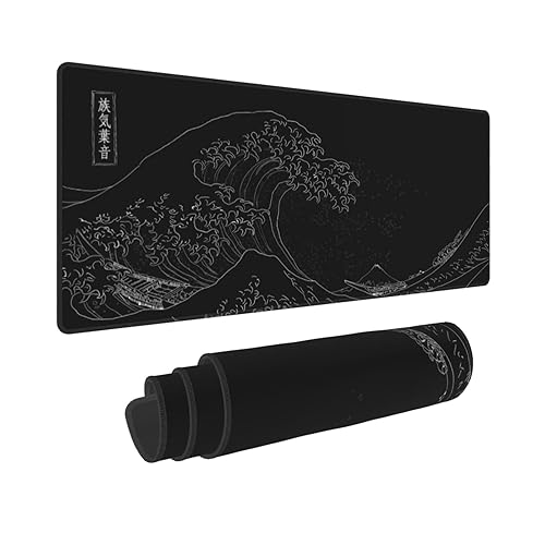 Extended Large Anime Black Mouse Pad The Great Wave off Kanagawa Painting Big Gaming Keyboard Mat XXL Non-Slip Water-Resistant Rubber Base Full Desk Mousepad 3D Pattern - Wave Mouse Pad - Large