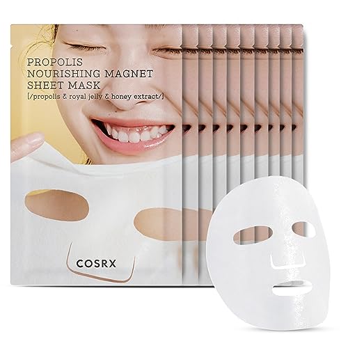 COSRX Propolis Nourishing Sheet Mask 10 EA, Soothing & Plumping Honey Serum, Leave-on Face Mask for Healthy Glow & Deep Moisture, Not Tested on Animals, No Parabens, No Sulfates, Korean Skincare - 10 Count (Pack of 1)