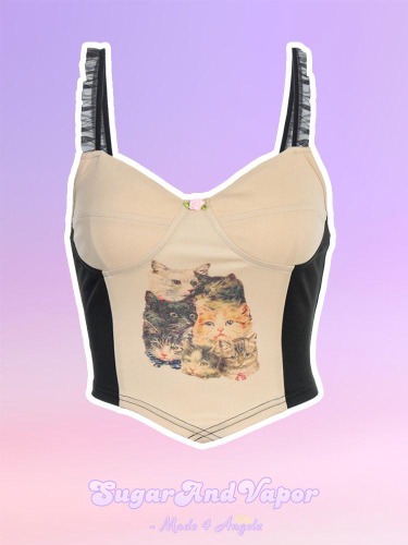 EARTHA Cute Kitten Print Crop Top | Khaki / M