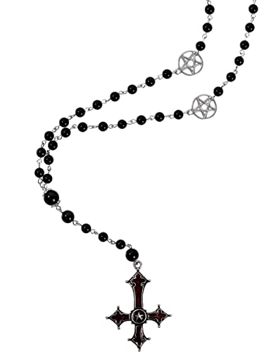 Sacina Gothic Goth Pentagram Cross Necklace, Long Bead Upside Down Cross Necklace, Gothic Necklace, Emo Necklace, Halloween Christmas New Year Jewelry Gift for Women