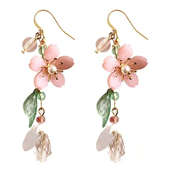 LAKIYOYO Pink Flower Dangle Earrings for Women Cute Pearl Leaf Sakura Leaf Earrings Fairy Statement Summer Refreshing Seaside Idyllic Holiday Earrings…