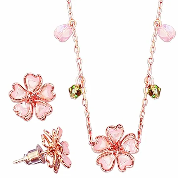 BelugaDesign Sakura Jewelry Set | Cherry Blossom Necklace Beads Stud Earrings | Cute Elegant Floral Charm for Wedding Bridesmaid Fashion Gifts | Kawaii Pink Pastel | Rose Gold Sterling Silver 2 Pack