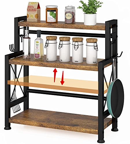 AKTOP 3-Tier Spice Rack Storage Shelves - Standing Kitchen Counter Shelf 20.1" with Hooks, Rustic Bathroom Countertop Organizer Vanity Shelf with Adjustable Shelf Cabinet, Easy Assembly - Rustic Brown