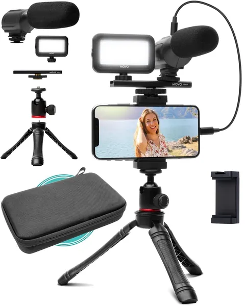 Movo iVlogger Vlogging Kit for iPhone - Lightning Compatible Video Vlog Kit - Accessories: Phone Tripod, Phone Mount, LED Light and Shotgun Microphone - for YouTube Starter Kit or iPhone Vlogging Kit