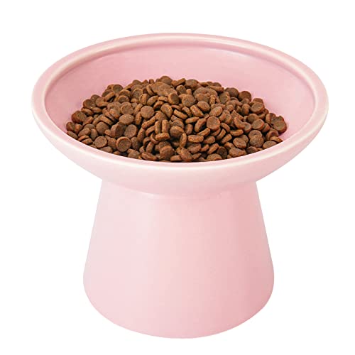 CEEFU Extra Wide Elevated Cat Bowls - Ceramic Cat Food Bowl 6.2" Raised Cat Food Bowls Elevated Shallow Cat Food Dish, Whisker Fatigue, Lead & Cadmium Free, 5" Good Height for Cat Feeding - Pink - Pink