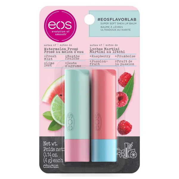 eos Super Soft Shea Lip Balm Sticks, Watermelon Frose and Lychee Martini, Lip Care to Moisturize Dry Lips, 8g - 