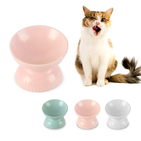 Pink Small Cat Bowl,Raised Cat Food Bowls Anti Vomiting,Tilted Elevated Cat Bowl,Ceramic Pet Food Bowl for Flat-Faced Cats,Small Dogs,Protect Pet's Spine,Dishwasher Safe - Small Pink