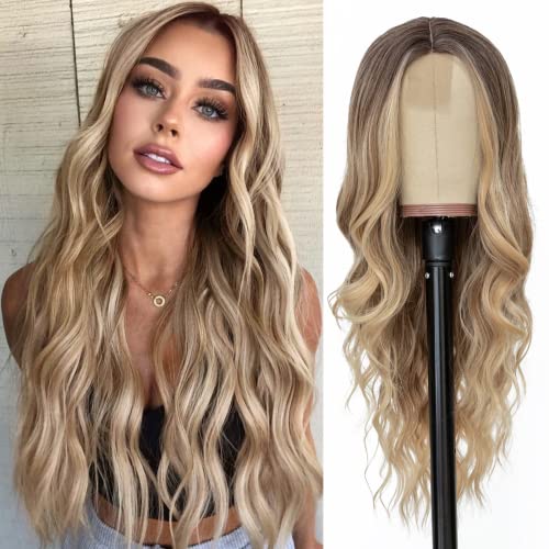 NAYOO Long Ombre Blonde Wavy Wig for Women 26 Inch Middle Part Curly Wavy Wig Natural Looking Synthetic Heat Resistant Fiber Wig for Daily Party Use (Ombre Blonde) - Ombre Blonde