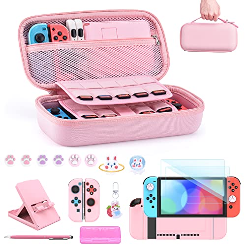 innoAura Switch Case for NS Switch 18 in 1 Switch Accessories Bundle with Switch Carrying Case, Switch Game Case, Switch Screen Protector, Switch Stand, Switch Thumb Grips (Pink) - Switch Pink
