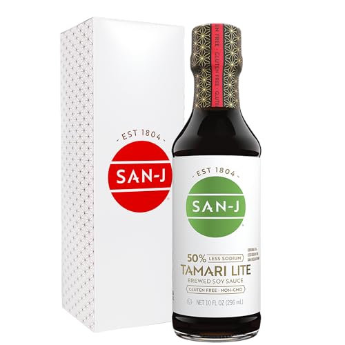 San-J - Gluten Free Tamari Lite Soy Sauce with 50% Less Sodium - Made with 100% Soy - Specially Brewed - 10 oz. Bottle - 10 Fl Oz (Pack of 1)