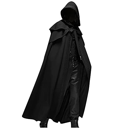 tuduoms Unisex Mens Medieval Cape Cloak with Hood Renaissance Costuems Halloween Cosplay Knight Tunic Gothic Witch Party Cape - XX-Large Black