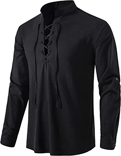 Men's Long Sleeve Shirts Retro Style Lace up for Medieval,Viking,Hippie Halloween Cosplay Pirate Renaissance Costume - XX-Large - Black