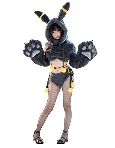 Mobbunny Anime Cosplay Lingerie Black Fluffy Paw Hoodie Lingerie Set for Women Fuzzy Bra and Panty Homewear with Tail - 3X4X - Black