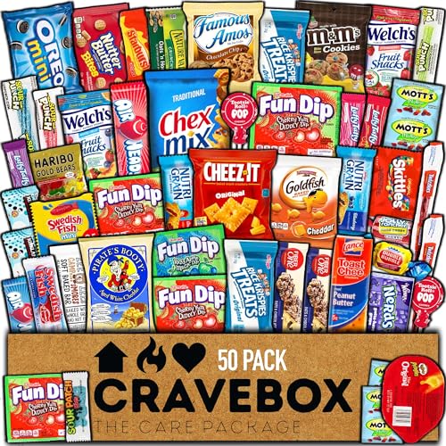CraveBox Care Package (45 Count) Snacks Food Cookies Granola Bar Chips Candy Ultimate Variety Gift Box Pack Assortment Basket Bundle Mix Bulk Sampler Treats College Students Office Staff Christmas - 50 Count (Pack of 1)