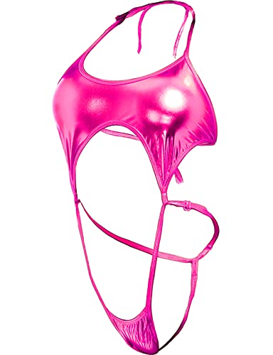 Taube Women Sexy High Cut Thong Shiny Metallic Teddy Lingerie Wet Look One Piece Exotic Sleepwear - Rosered