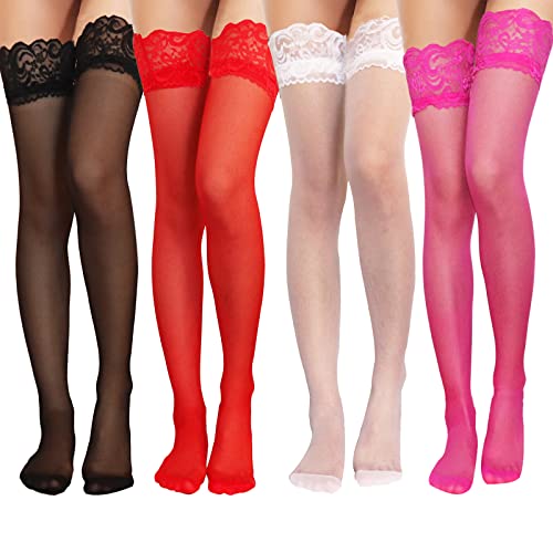 MS.ING 4 Pairs Women Shiny Thigh High Stockings Lady Lace Thigh High Stockings Silicone Sheer Sexy Tights - Medium-bright Color 02