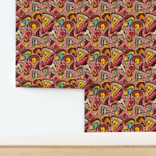 Sexy mushrooms, wild arrangement, pink Wallpaper | Spoonflower