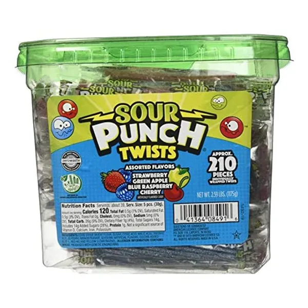 
                            Sour Punch Sour Punch Twists, 3" Individually Wrapped Chewy Candy, 4 Fruity Flavors, 2.59 LB Jar, 210 Count
                        