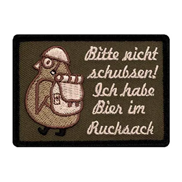 Café Viereck ® Bitte Nicht Schubsen Ich Habe Bier im Rucksack - Fun Patch mit Klett Pinguin mit Helm und Stiefeln - 7 cm x 5 cm