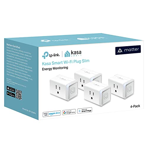 Kasa Matter Smart Plug w/ Energy Monitoring, Compact Design, 15A/1800W Max, Super Easy Setup, Works with Apple Home, Alexa & Google Home, UL Certified, 2.4G Wi-Fi Only, White, KP125M (4-Pack) - Matter Compatible, 4-Pack