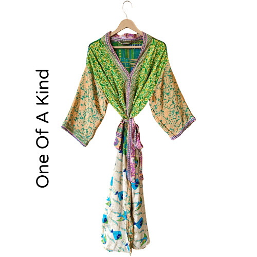 Recycled Silk Vintage Kimono - Lime Green, Yellow and Marine Blue
