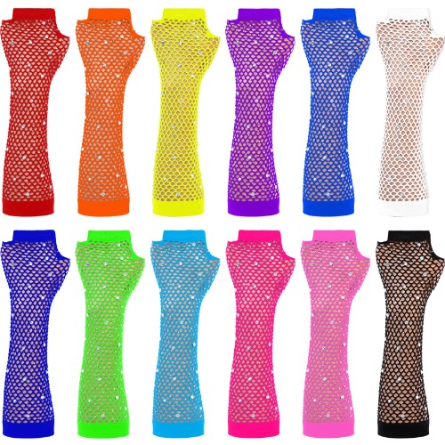 TecUnite 12 Pairs Fingerless Neon Fishnet Gloves for Women and Girls 80s Party Costume Accessories Supplies, 12 Colors, One size