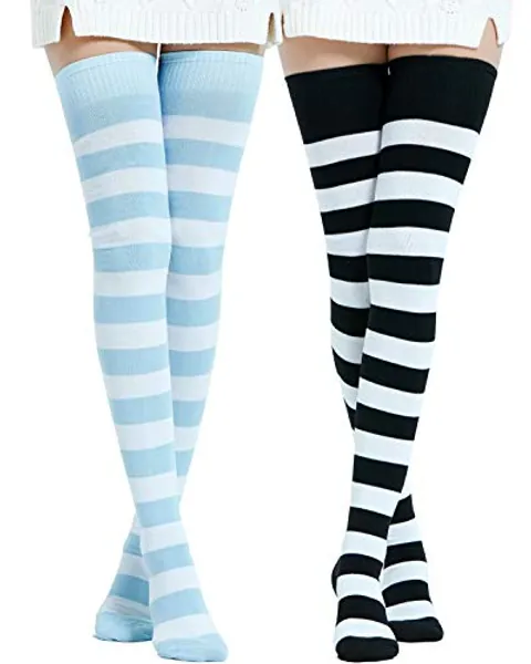 Kayhoma Extra Long Cotton Stripe Thigh High Socks Over the Knee High Socks - Medium - Black/White & Blue/White