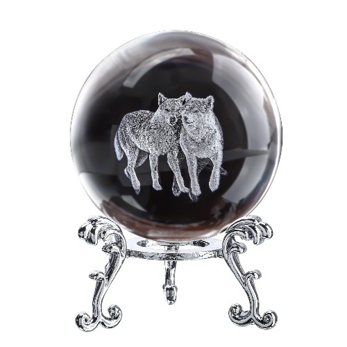 ZEERSHEE 60mm Wolf Crystal Decor Ball with Stand 3D Glass Laser Engraved Wolf Gifts for Wolf Lovers Decorative Glass Wolves Sphere Figurine for Home Office Paperweight