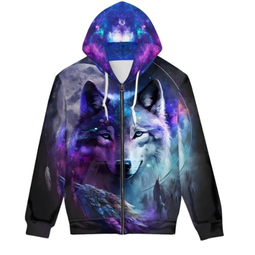 ENLACHIC Unisex Simulation 3D Alpaca Print Galaxy Pocket Hoodies Sweatshirt - Large - Purple Galaxy Wolf