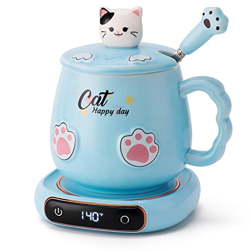 Bgbg Coffee Mug Warmer & Cute Cat Mug Set, Beverage Cup Warmer for Desk Home Office with Three Temperature Up to 140℉/ 60℃, Coffee Warmer for Cocoa Milk Tea Water Candle, 8 Hours Auto Shut Off - Blue