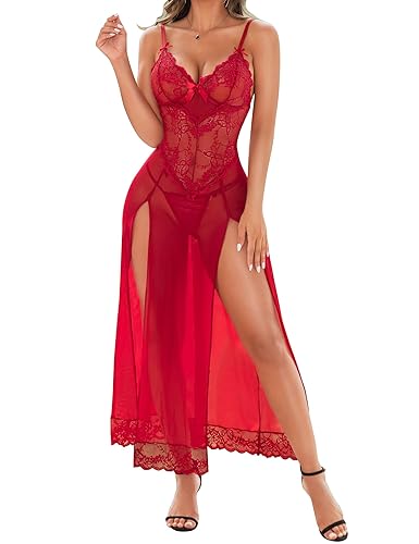 RSLOVE Women Lingerie Babydoll Sexy Nightgown Lace Chemise Exotic Sleepwear Nighty - Wine Red - Large