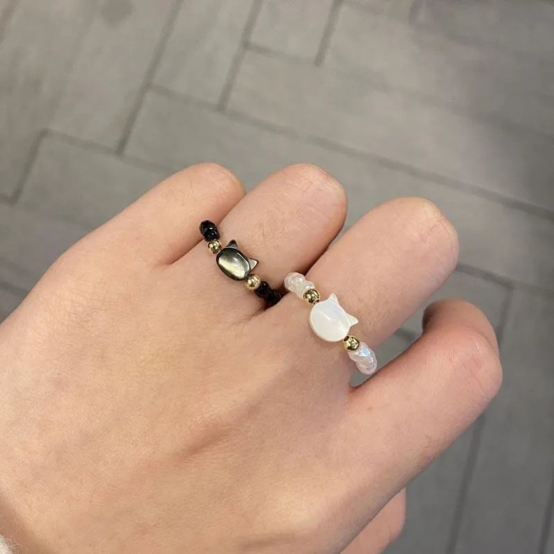 Natural Looking Moonstone Obsidian Cat Ring - 2PCS