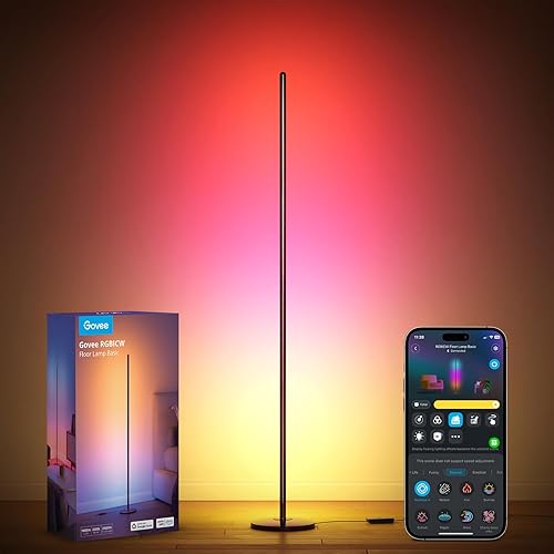 Govee RGBIC Smart Corner Floor Lamp, Standing Lamp Alexa APP Control, Smart Floor Lamp with Reactive Music Mode, 61+ Dynamic Scene, Color Changing, Modern Floor Lamp for Living Room, Bedroom, Kitchen - Black