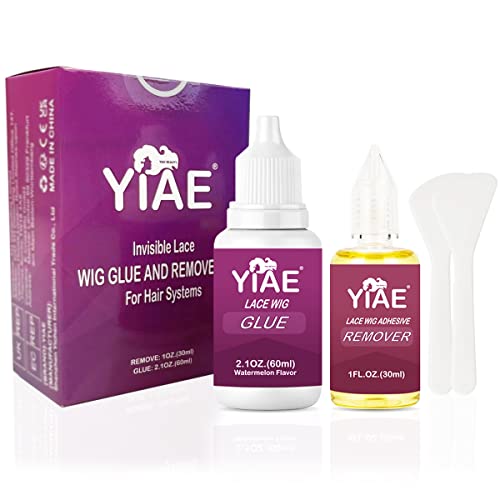 YIAE Lace Wig Glue and Glue Remover Kit, 2.1oz Invisible Waterproof Lace Front Wig Glue and 1.0oz Wig Adhesive Solvent with tools for Lace Front Wig and Poly Hairpieces, Toupee