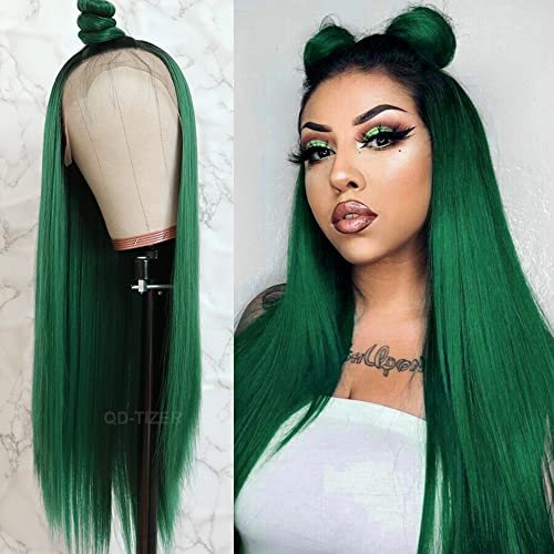QD-Tizer Lace Front Wigs, Long Straight Hair Ombre Green Wig Glueless Heat Resistant Fiber Hair Synthetic Lace Front Wigs for Fashion Women - Green - 22 inch (Pack of 1)