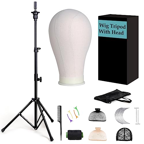 xnicx 23" Wig Head and Stand Set,Wig Stand Tripod with Foam Mannequin Head,Wig Stand Head for Wig Making,Display Manikin Head,Includes Wig Caps Clips,T-Pins,C Needles,Carrying Bag,Wig Brush(95-129cm) - Dark Black