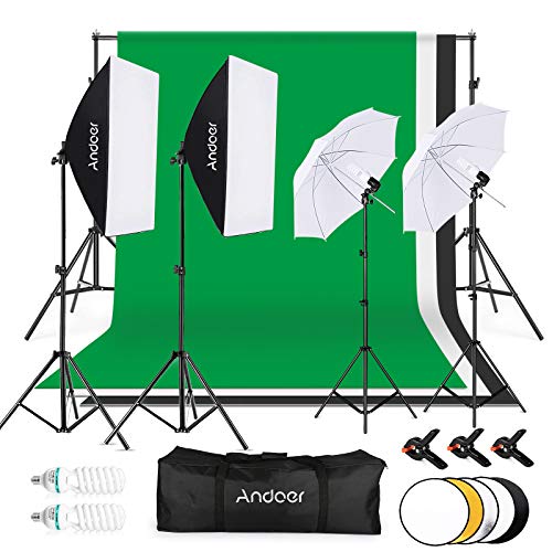 Andoer Photo Studio Lighting Kit, 1.8mx 2.8m/6x 9ft Background Support System, 3 Color Backdrop Fabric 135W 5500K Umbrellas Softbox kits 5in1 Reflector for Photo Studio,Portrait,Video Shooting