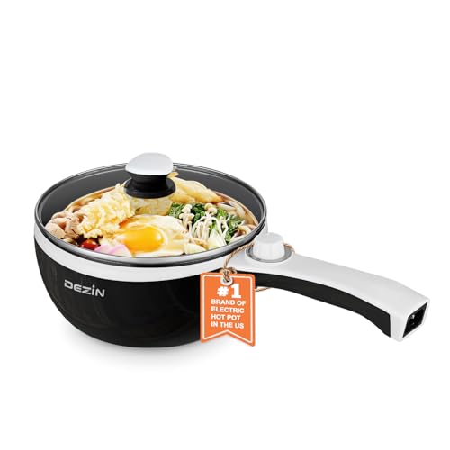 Dezin Hot Pot Electric Upgraded, Non-Stick Sauté Pan, Rapid Noodles Electric Pot, 1.5L Mini Portable Hot Pot for Steak, Egg, Fried Rice, Ramen, Oatmeal, Soup with Power Adjustment(Egg Rack Included) - Black