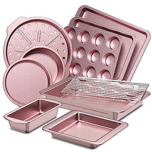 HONGBAKE Bakeware Sets, Baking Pans Set, Nonstick Oven Pan for Kitchen with Wider Grips, 10-Pieces Including Rack, Cookie Sheet, Cake Pans, Loaf Pan, Muffin Pan, Pizza Pan - Pink - 10 piece set - Pink